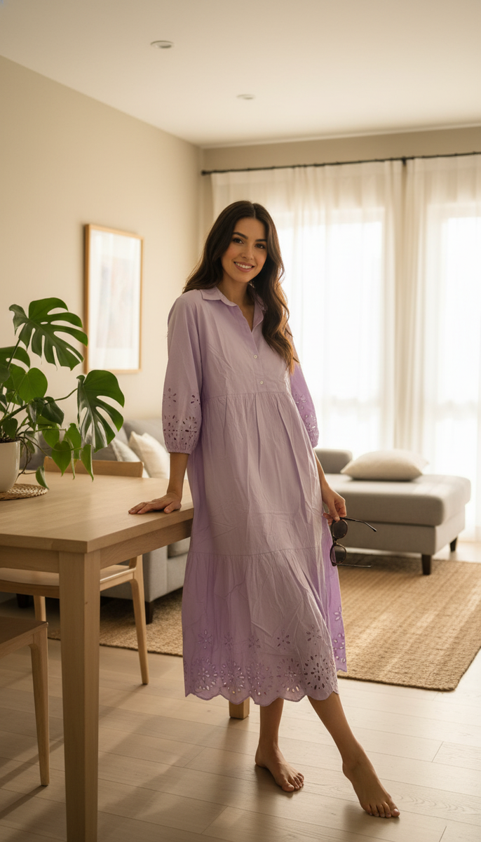 the bettina tiered midi shirt dress by maeve MAEVE The Bettina Tiered Shirt Dress By : Eyelet Edition In Purple –  Augusthouseofbrands