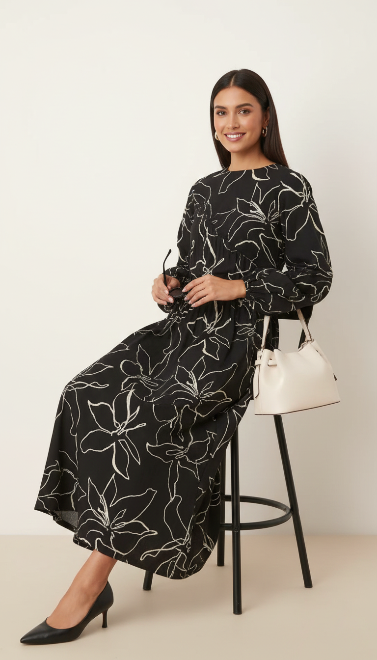 Asos Desgin Asymmetric Ruched Maxi Dress in Black Squiggle Floral