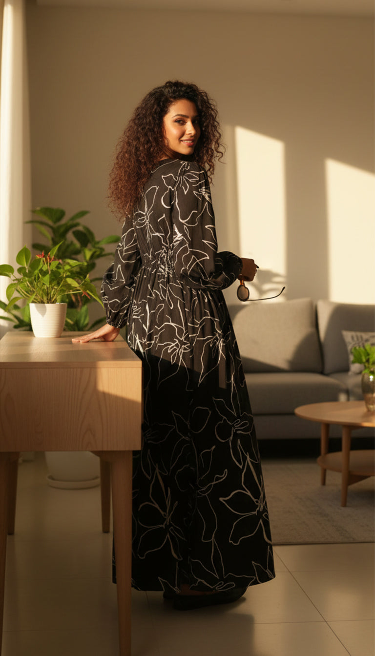 Asos Desgin Asymmetric Ruched Maxi Dress in Black Squiggle Floral