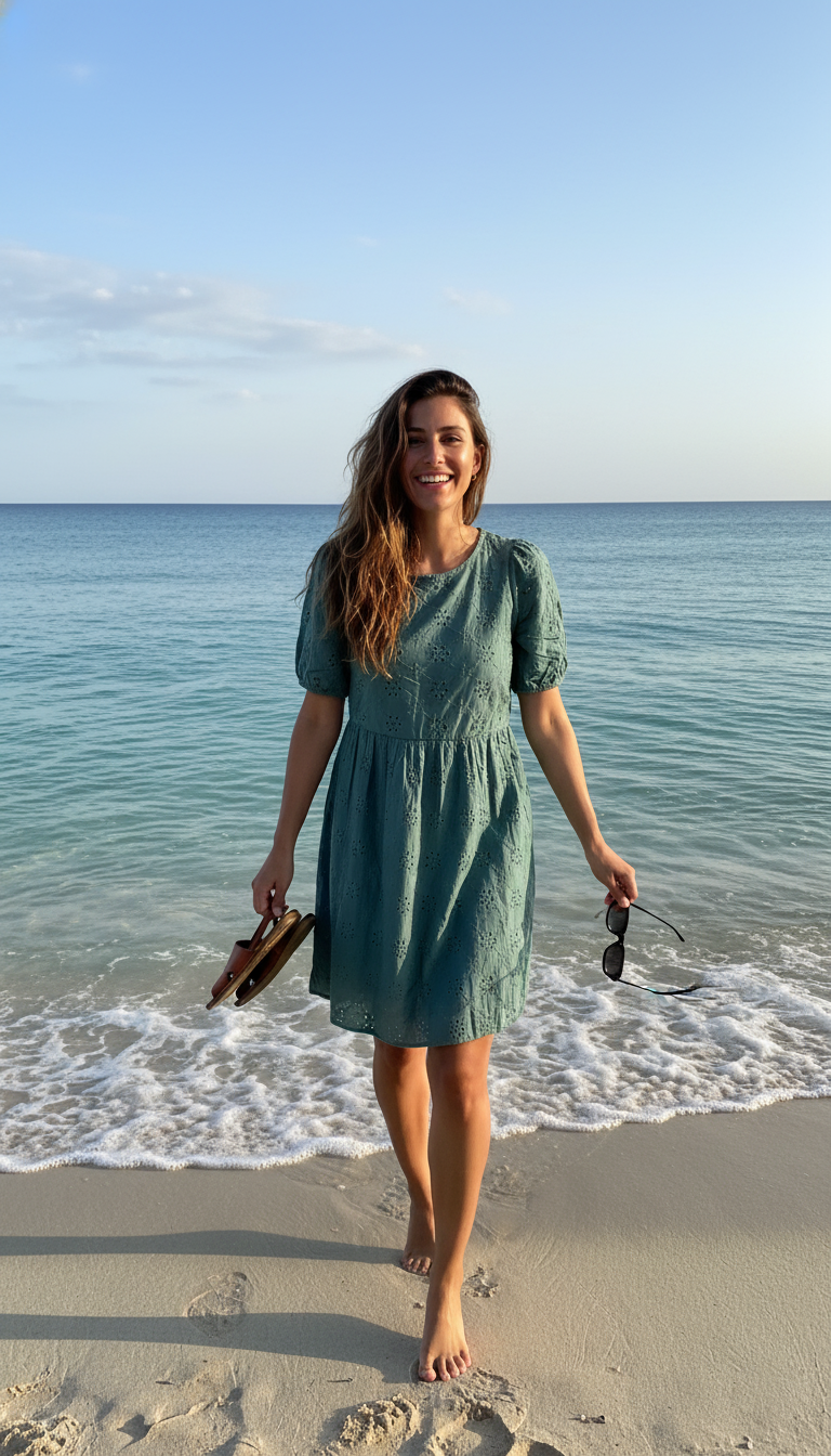 American Eagle Green Eyelet Babydoll Puff Sleeve Dress