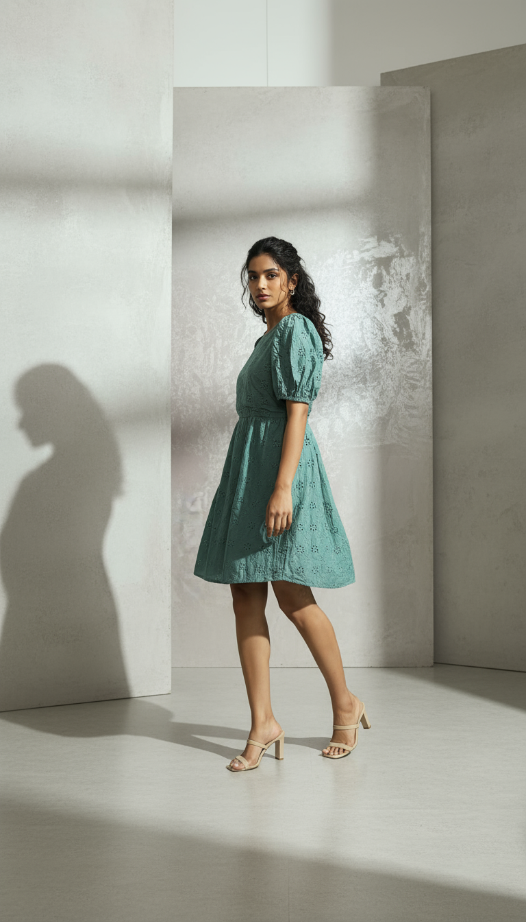 American Eagle Green Eyelet Babydoll Puff Sleeve Dress