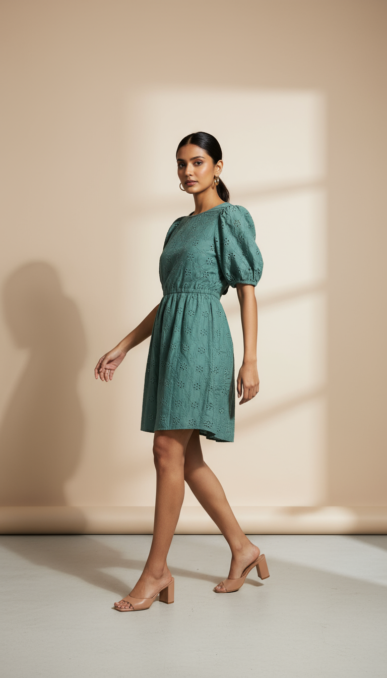 American Eagle Green Eyelet Babydoll Puff Sleeve Dress