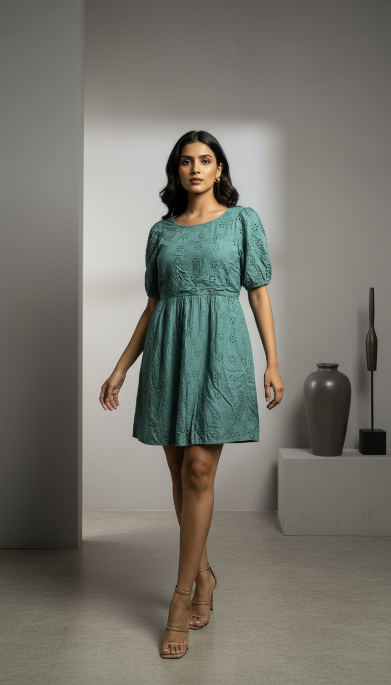 American Eagle Green Eyelet Babydoll Puff Sleeve Dress