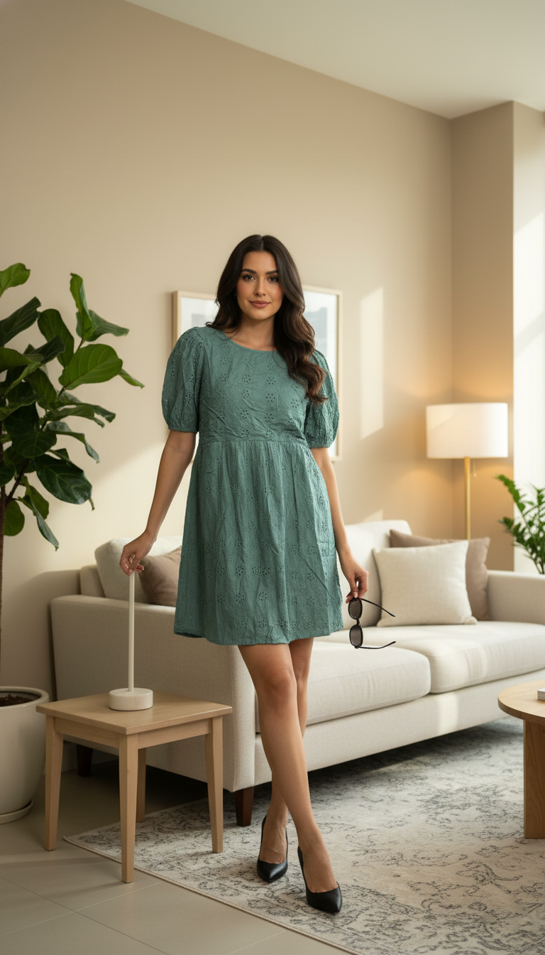 American Eagle Green Eyelet Babydoll Puff Sleeve Dress