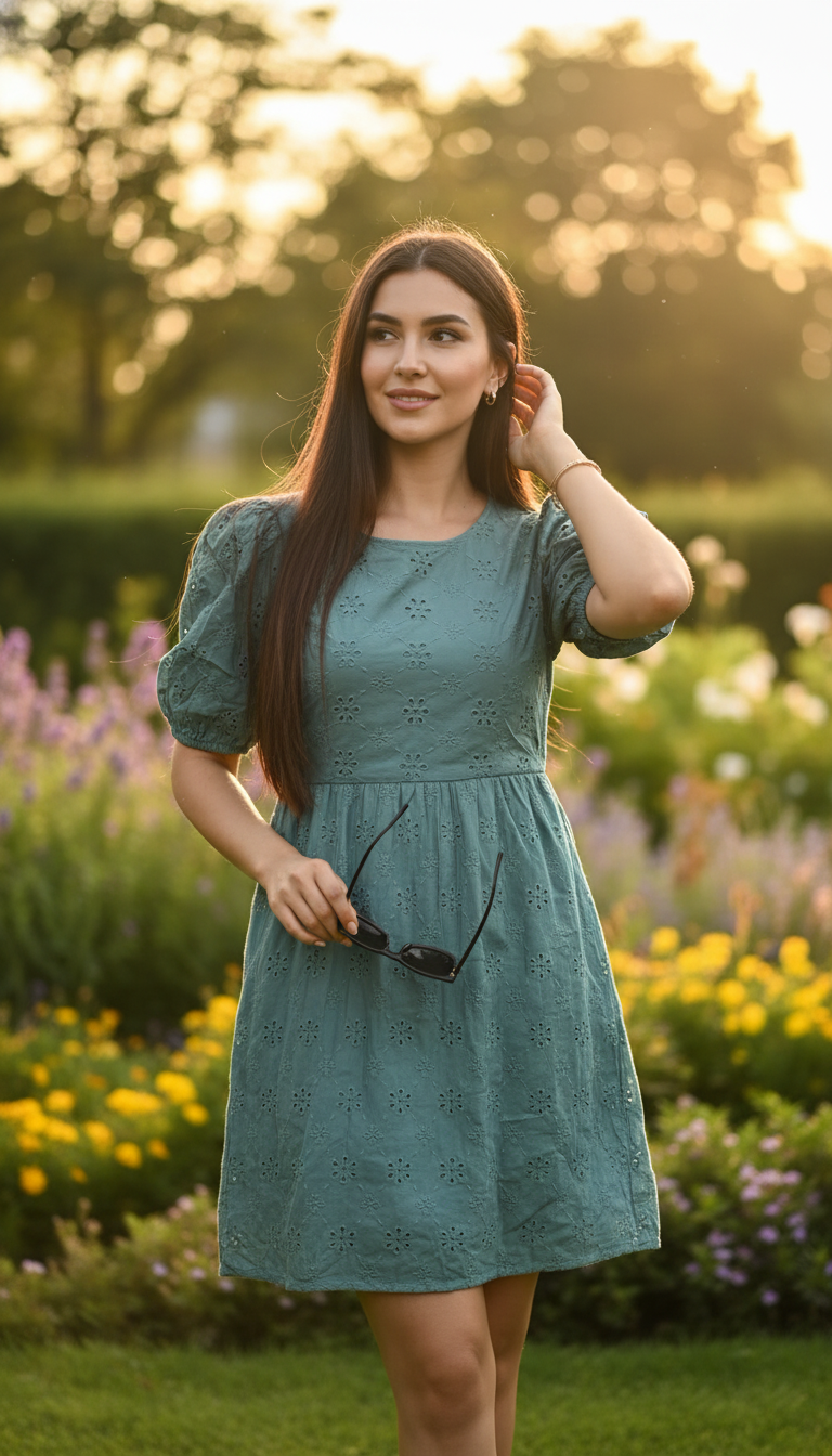 American Eagle Green Eyelet Babydoll Puff Sleeve Dress