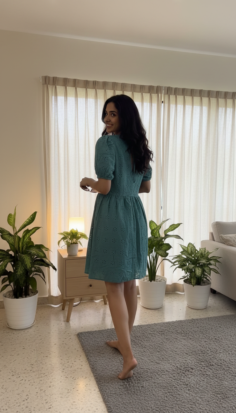 American Eagle Green Eyelet Babydoll Puff Sleeve Dress