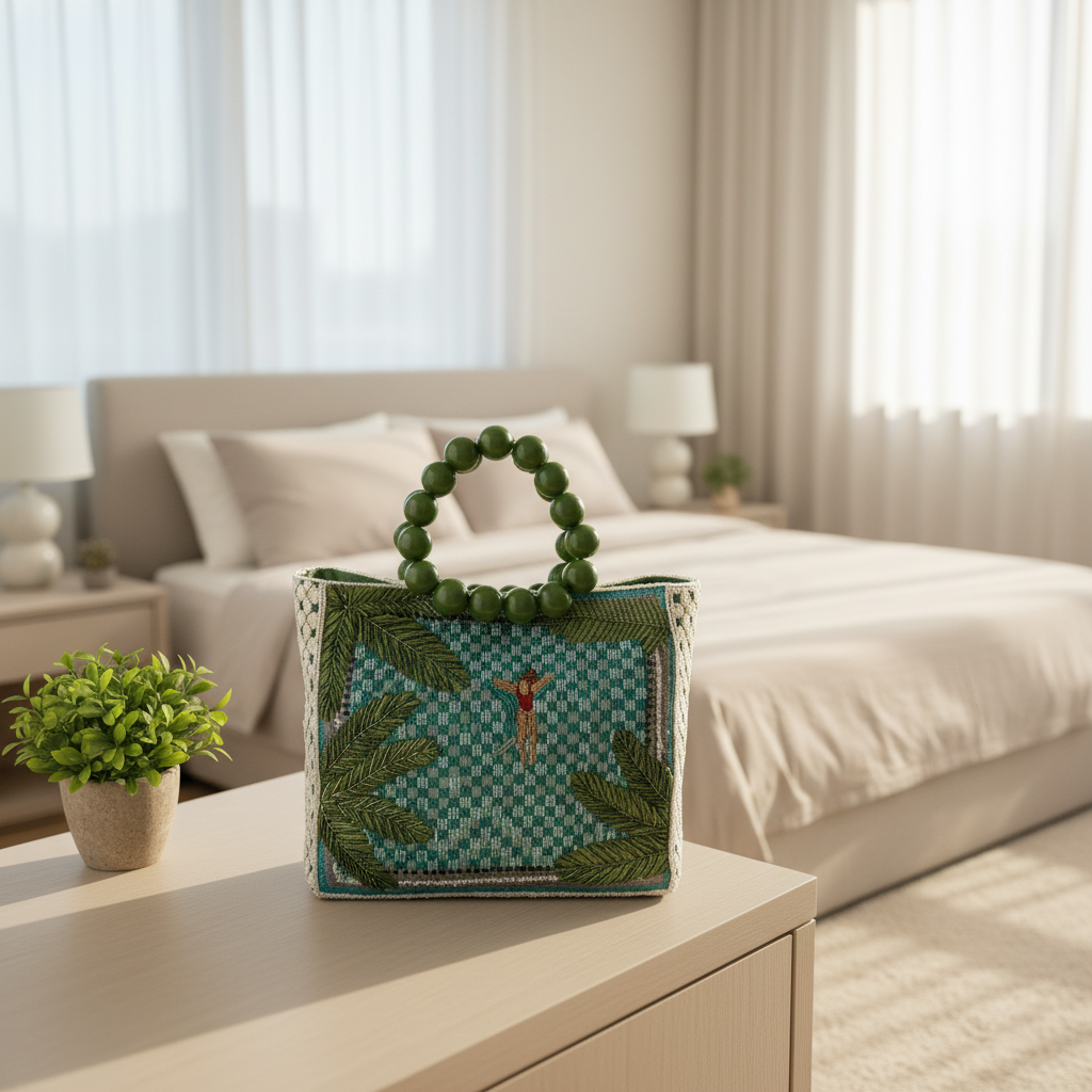 Anthropologie Beaded handheld bag with wood bead bracelet