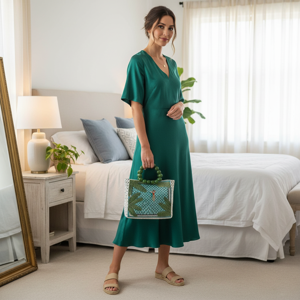 Anthropologie Beaded handheld bag with wood bead bracelet