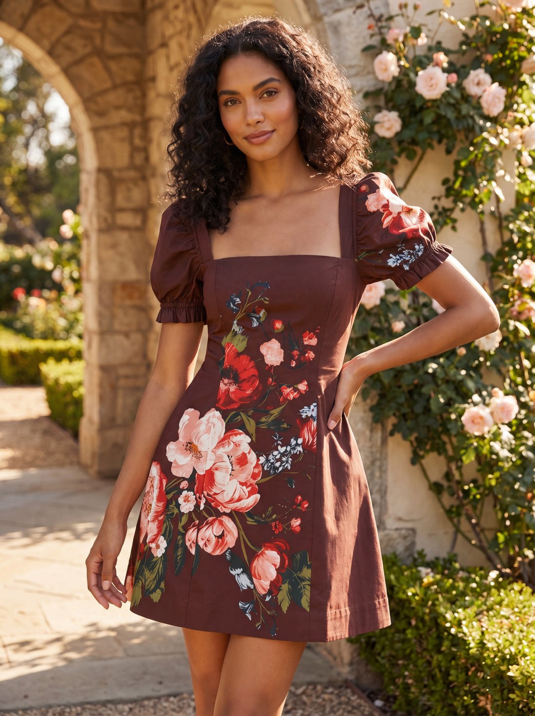 Anthropologie Brown Floral Puff Sleeve Mini Dress | Women's Square Neck Fit & Flare Dress