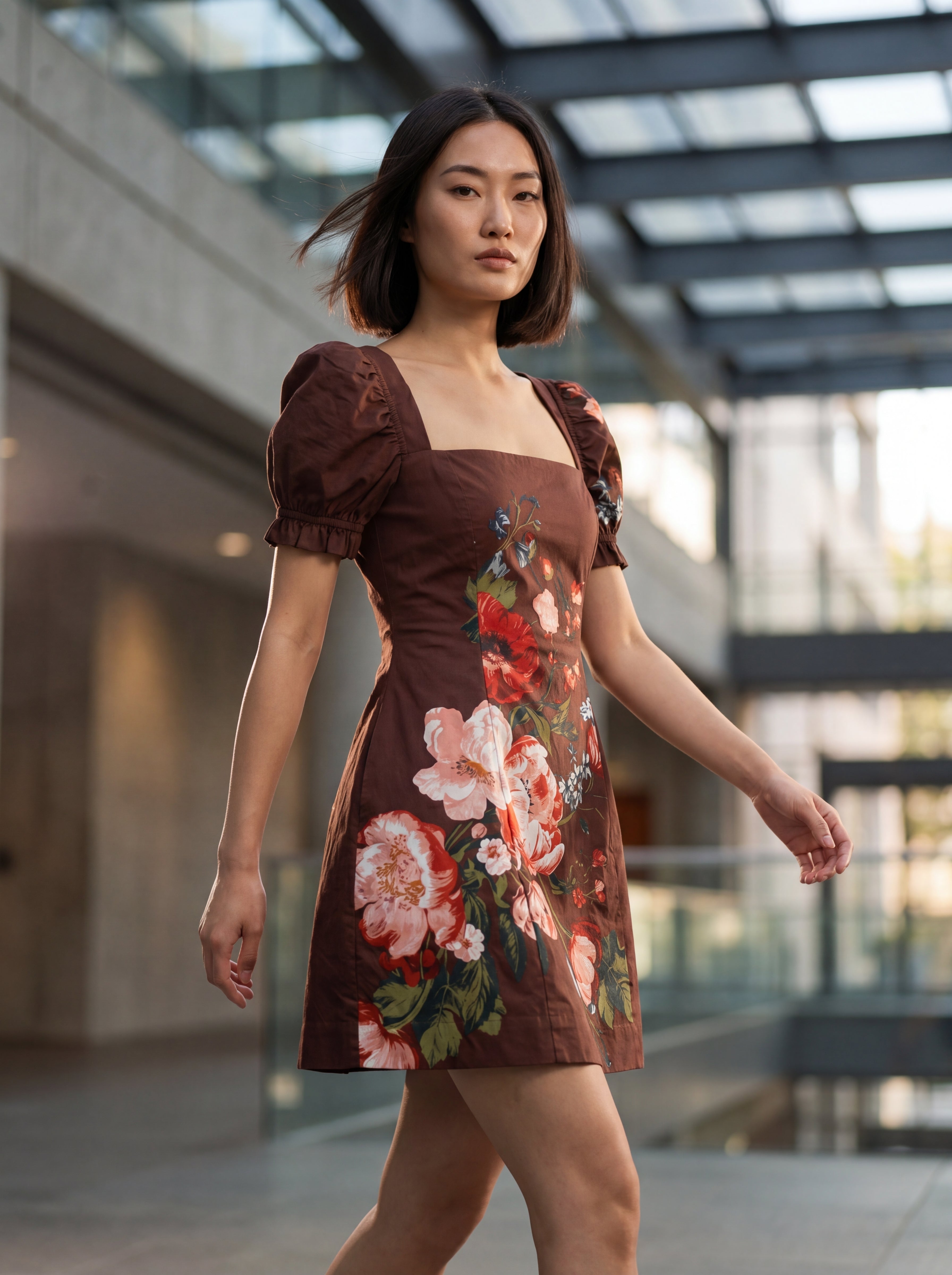 Anthropologie Brown Floral Puff Sleeve Mini Dress | Women's Square Neck Fit & Flare Dress