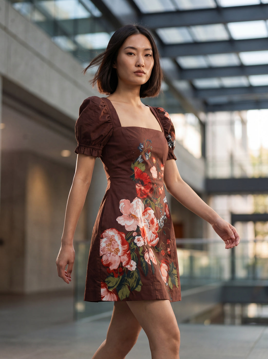 Anthropologie Brown Floral Puff Sleeve Mini Dress | Women's Square Neck Fit & Flare Dress