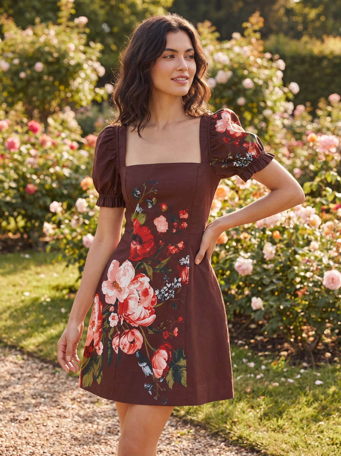 Anthropologie Brown Floral Puff Sleeve Mini Dress | Women's Square Neck Fit & Flare Dress
