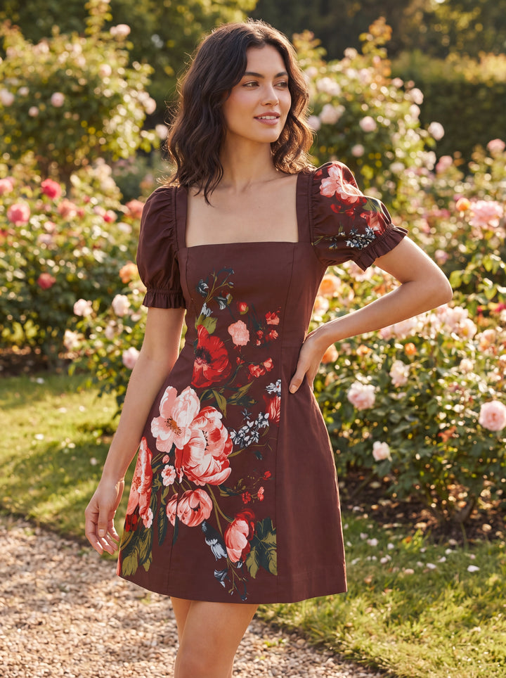 Anthropologie Brown Floral Puff Sleeve Mini Dress | Women's Square Neck Fit & Flare Dress