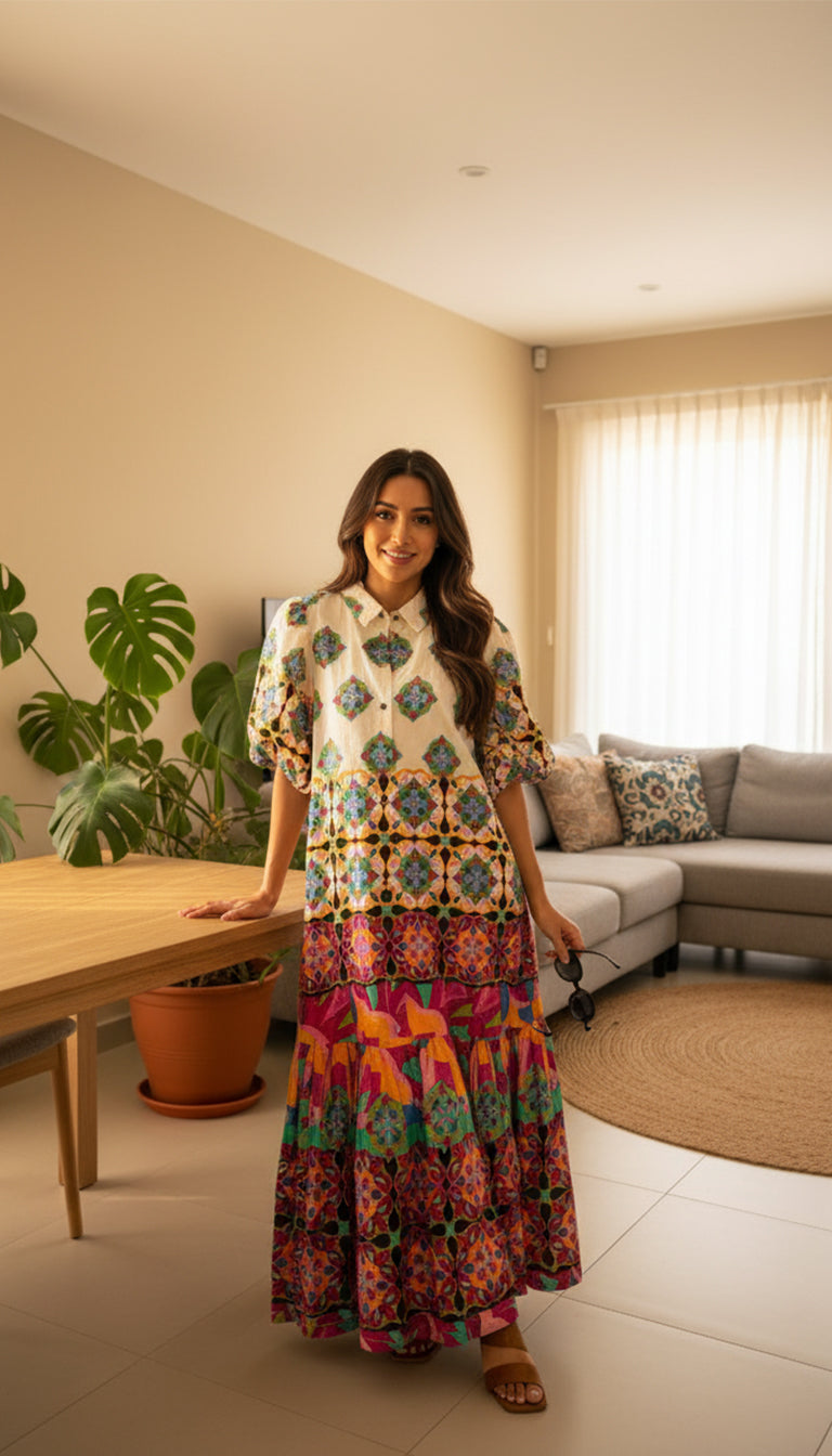 Anthropologie Mixed Print Buttondown Maxi Dress