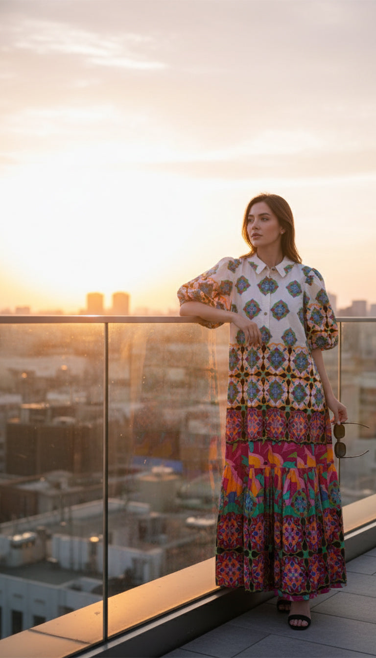 Anthropologie Mixed Print Buttondown Maxi Dress