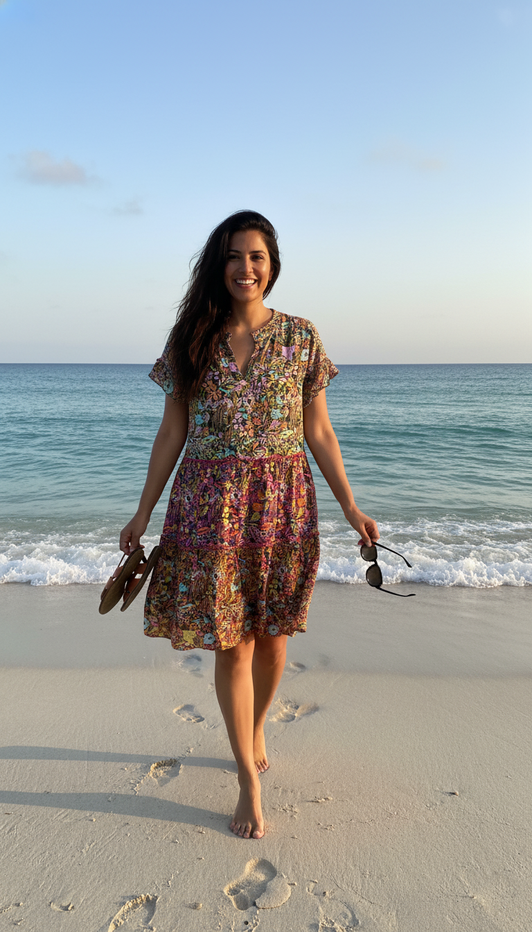 Anthropologie Multicolor Bohemian Floral Tiered Short Dress – Casual Summer Dress with Keyhole Neckline