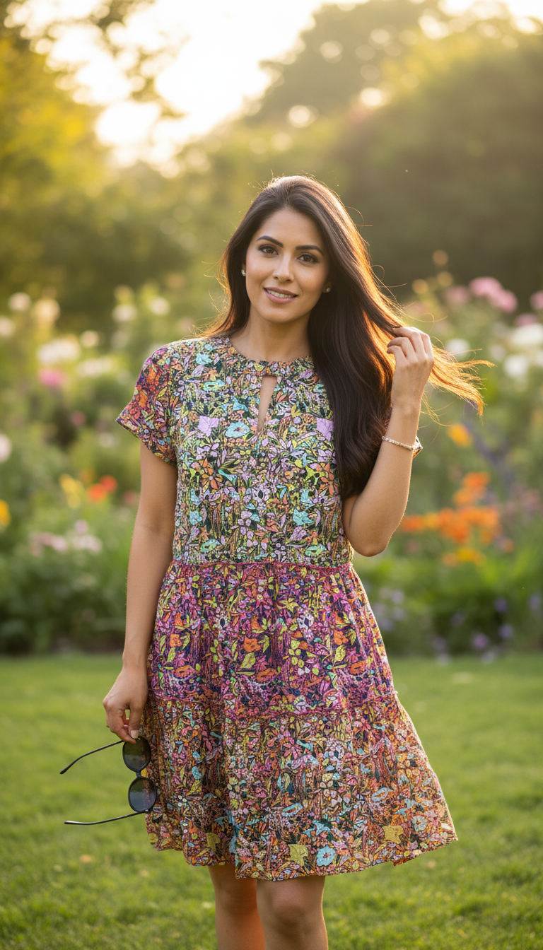 Anthropologie Multicolor Bohemian Floral Tiered Short Dress – Casual Summer Dress with Keyhole Neckline