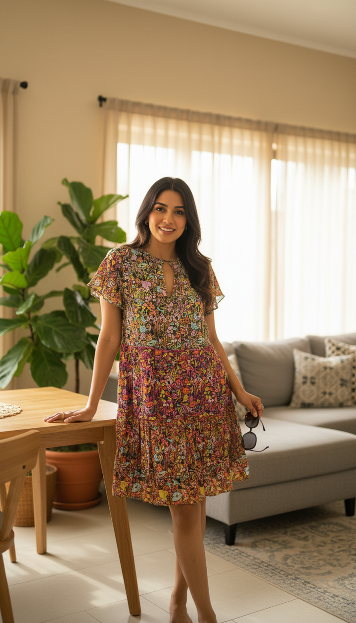 Anthropologie Multicolor Bohemian Floral Tiered Short Dress – Casual Summer Dress with Keyhole Neckline
