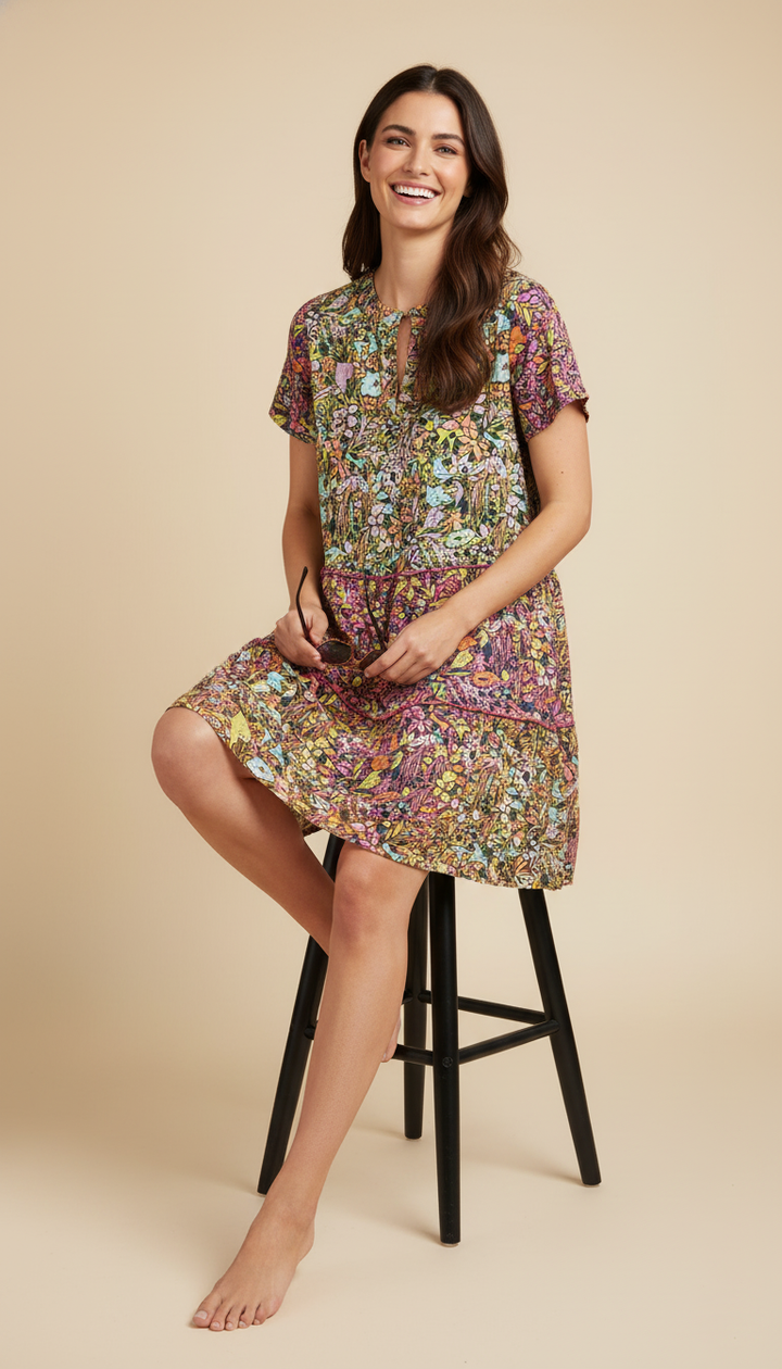 Anthropologie Multicolor Bohemian Floral Tiered Short Dress – Casual Summer Dress with Keyhole Neckline