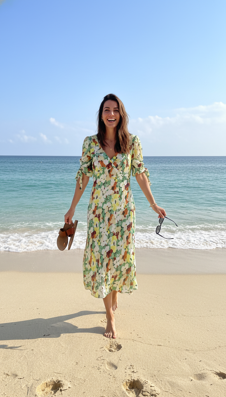 Anthropologie Short-Sleeve Floral V-Neck Slip Midi Dress