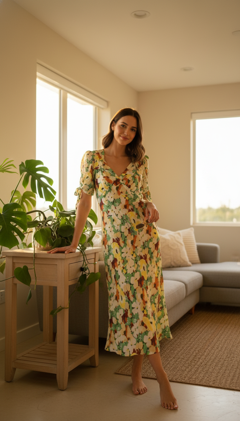 Anthropologie Short-Sleeve Floral V-Neck Slip Midi Dress