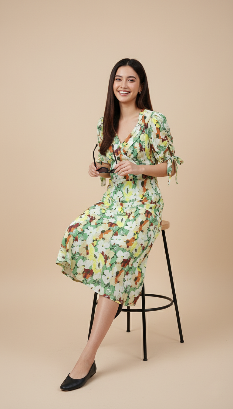Anthropologie Short-Sleeve Floral V-Neck Slip Midi Dress