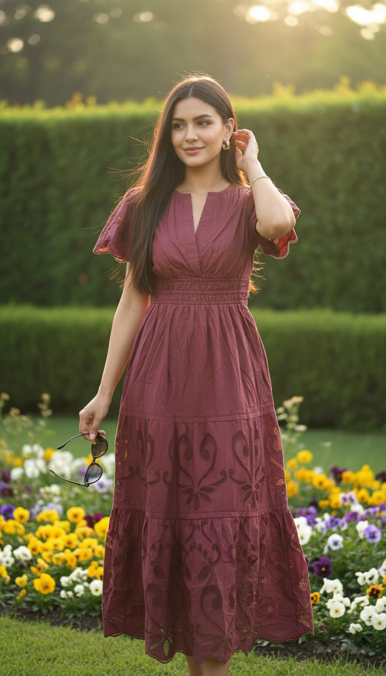 Anthropologie The Somerset Maxi Dress Cutout Edition Tiered Smocked Wine