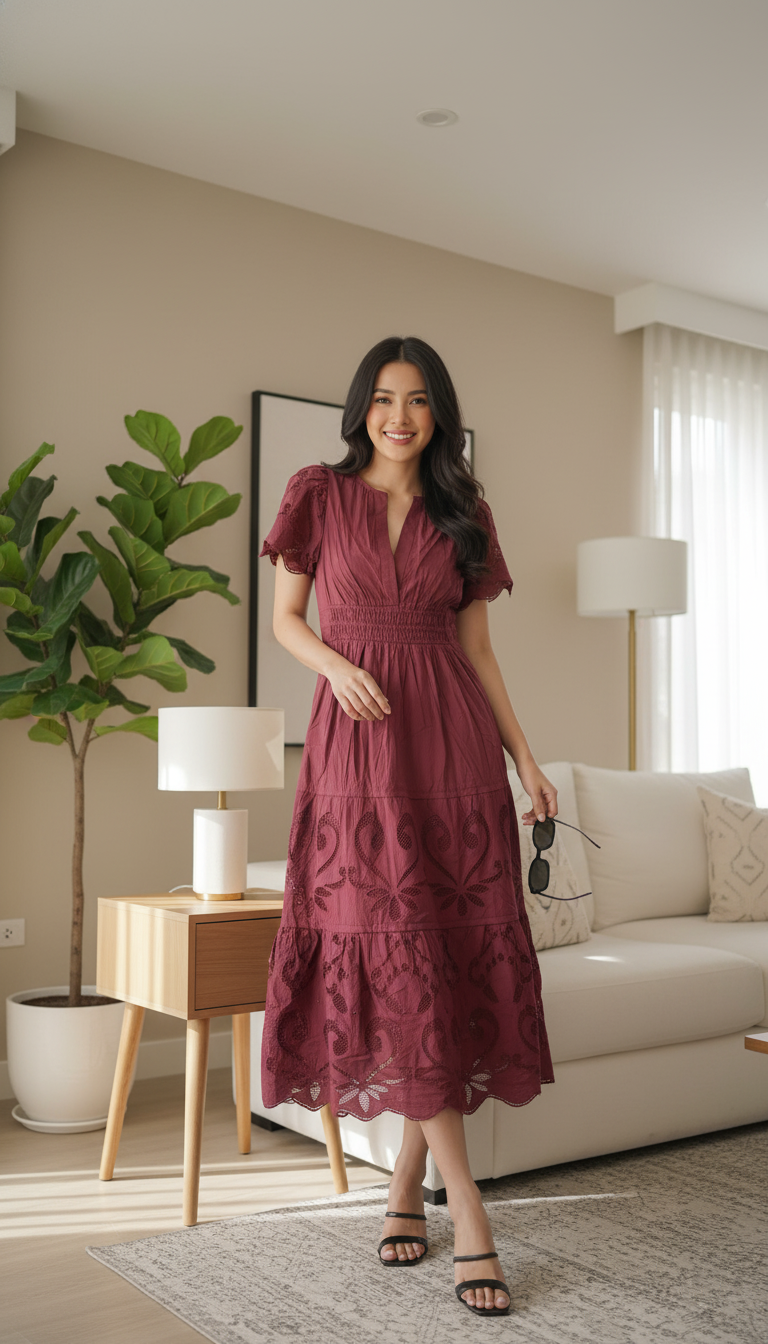 Anthropologie The Somerset Maxi Dress Cutout Edition Tiered Smocked Wine