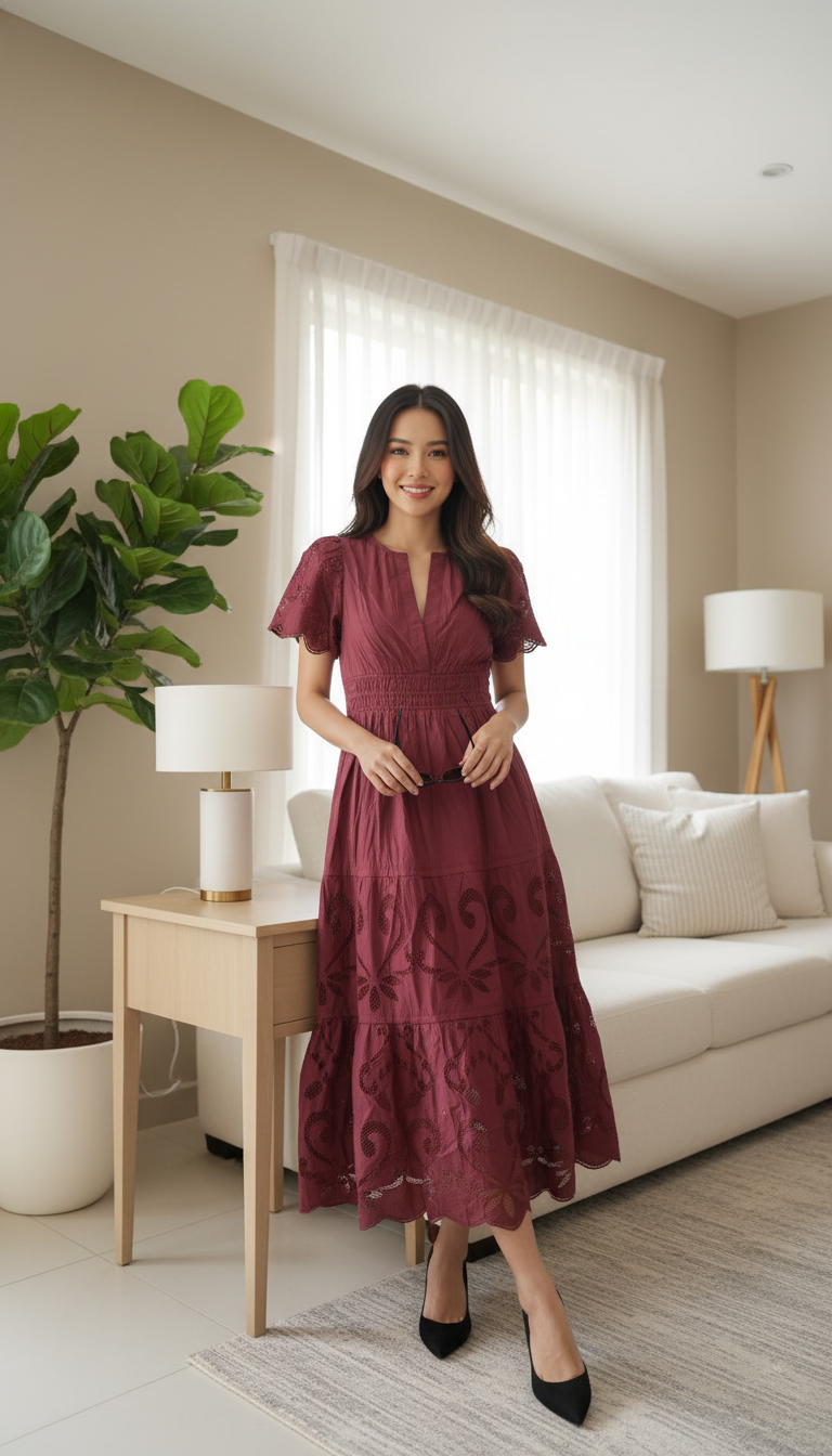 Anthropologie The Somerset Maxi Dress Cutout Edition Tiered Smocked Wine