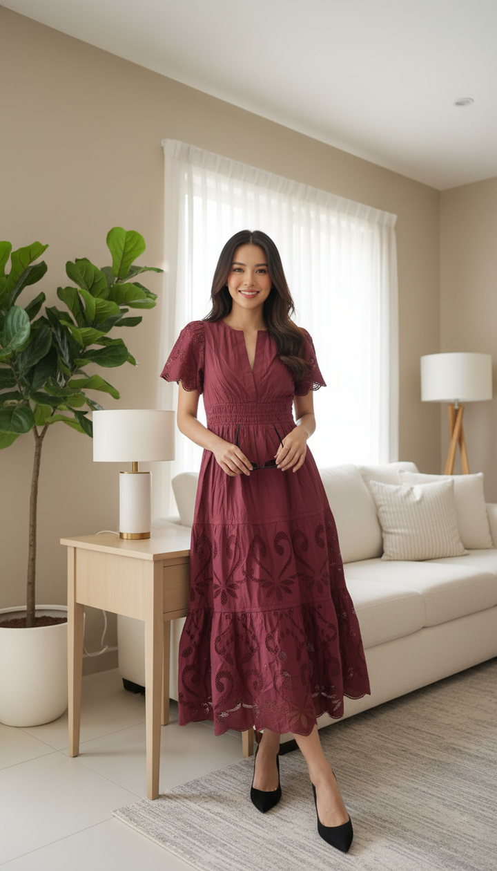 Anthropologie The Somerset Maxi Dress Cutout Edition Tiered Smocked Wine