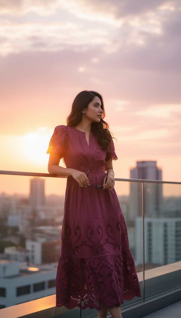 Anthropologie The Somerset Maxi Dress Cutout Edition Tiered Smocked Wine