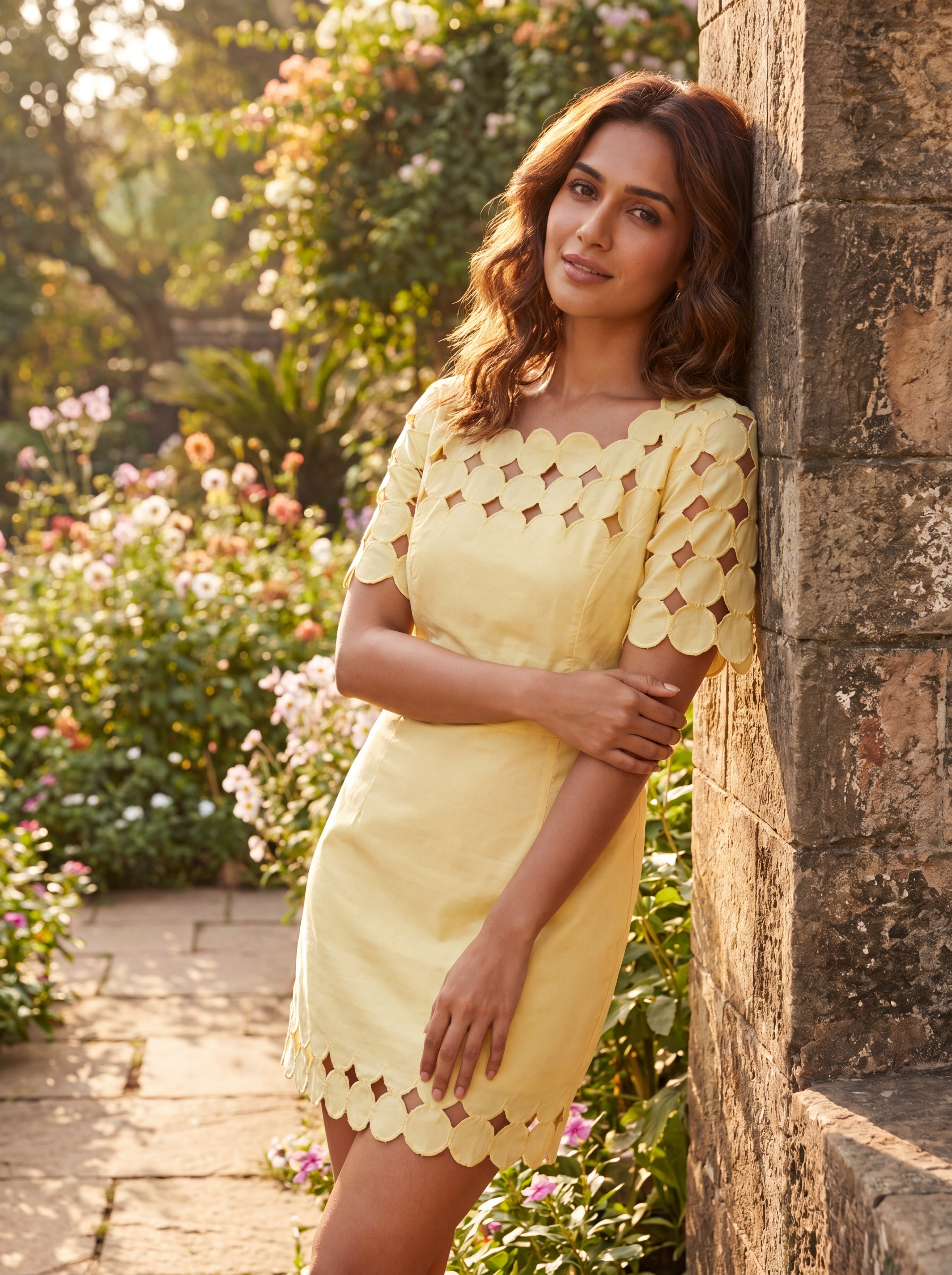 Anthropologie Yellow Floral Cutwork Linen Mini Dress | Open Back Summer Dress