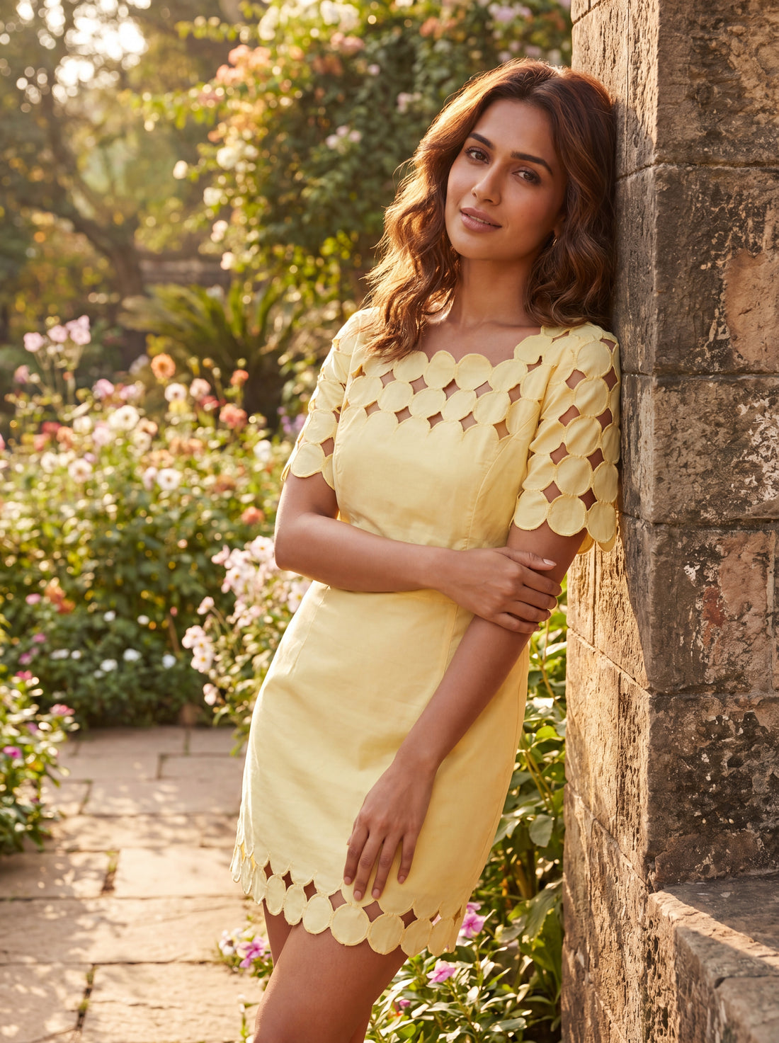Anthropologie Yellow Floral Cutwork Linen Mini Dress | Open Back Summer Dress