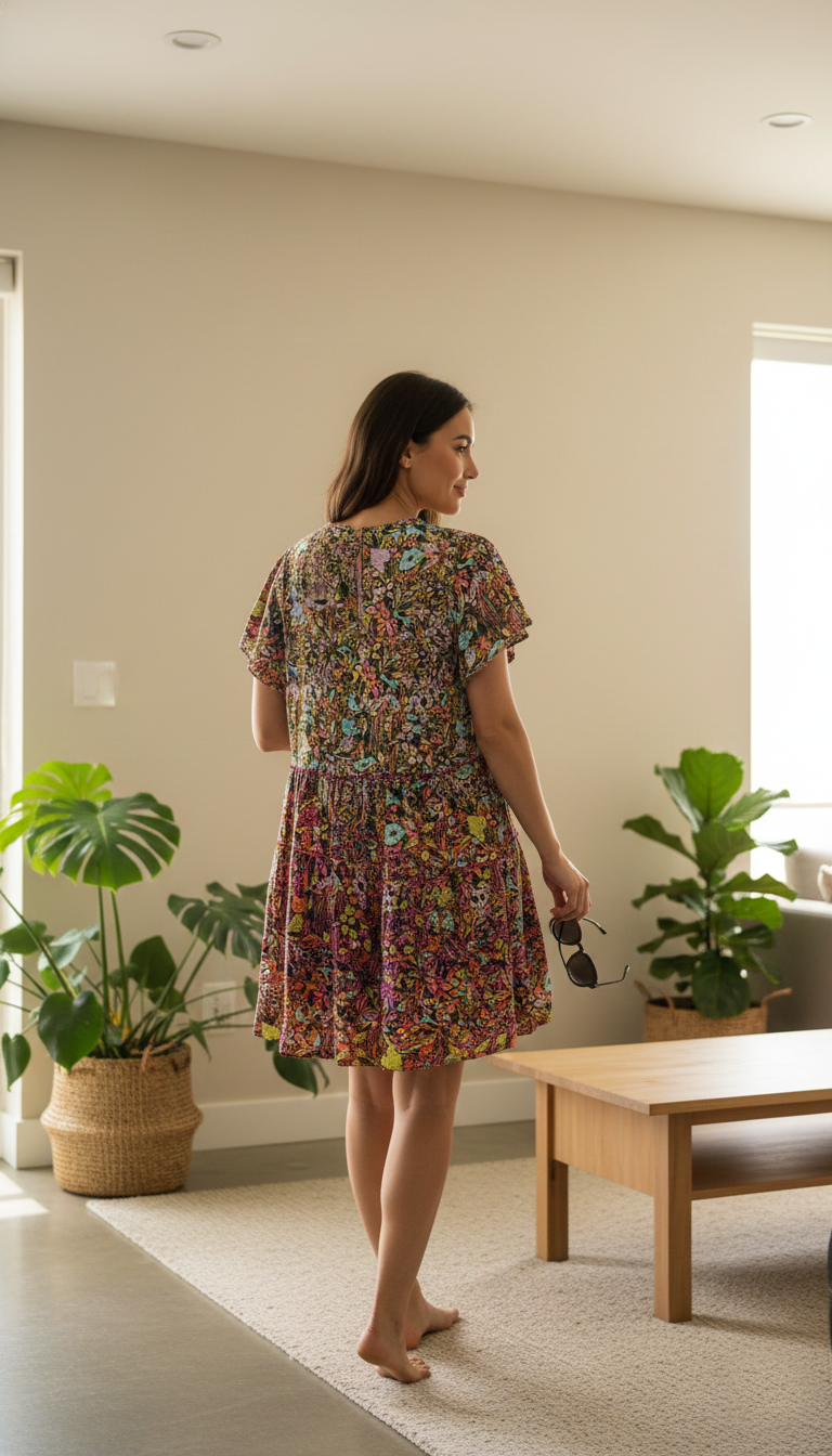 Anthropologie Multicolor Bohemian Floral Tiered Short Dress – Casual Summer Dress with Keyhole Neckline