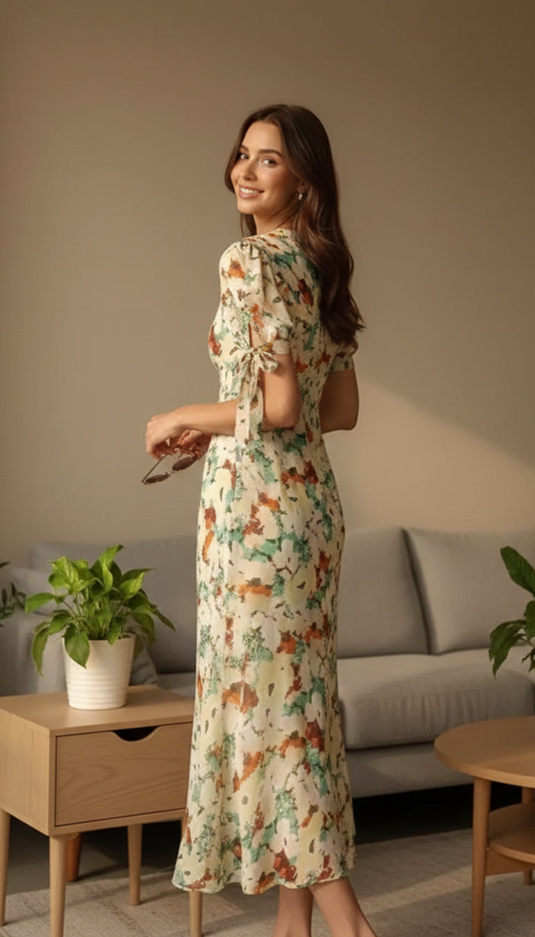 Anthropologie Short-Sleeve Floral V-Neck Slip Midi Dress