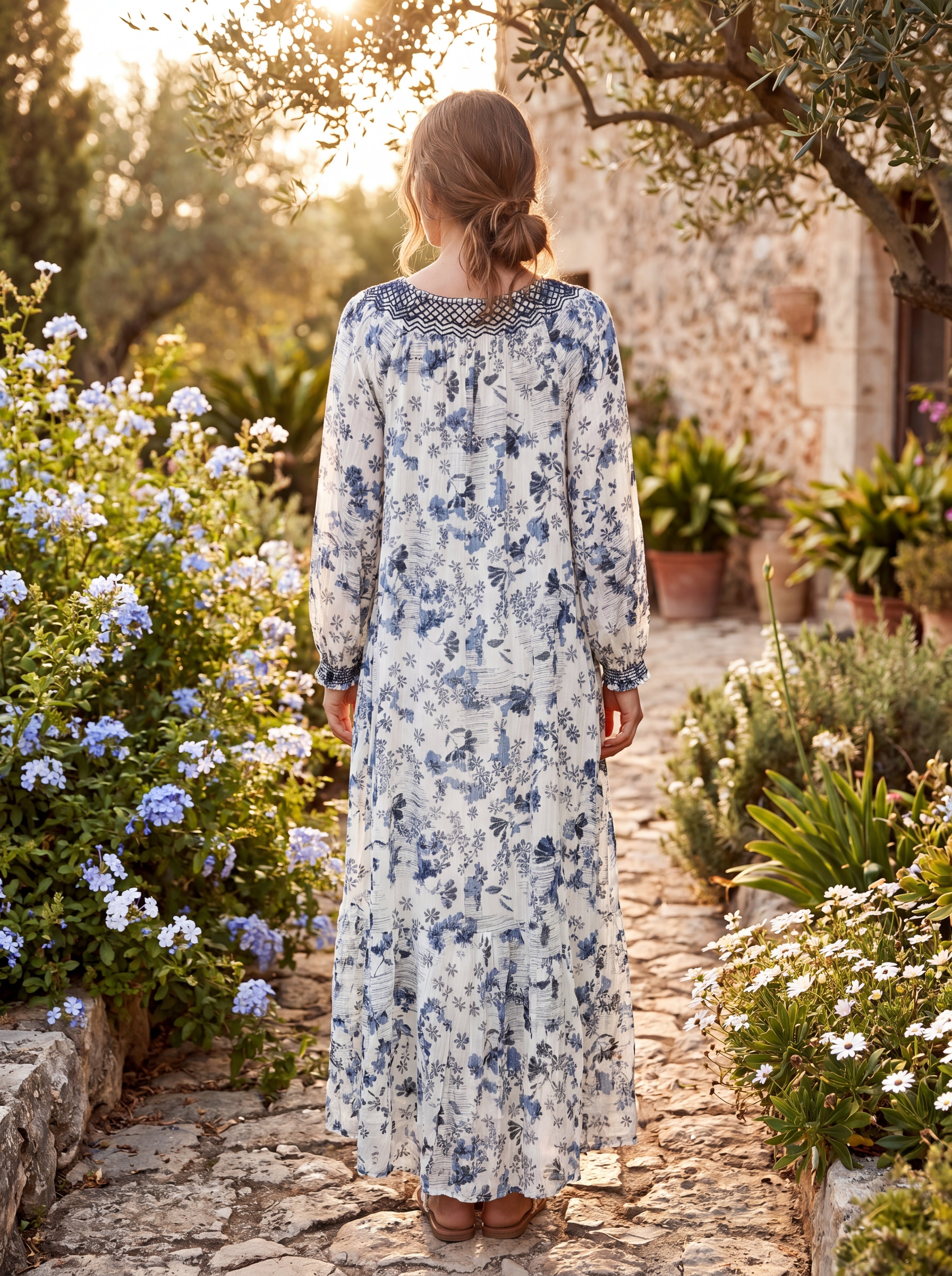 August Blue & White Floral Boho Maxi Dress for Women | Long Sleeve Resort & Vacation Dress