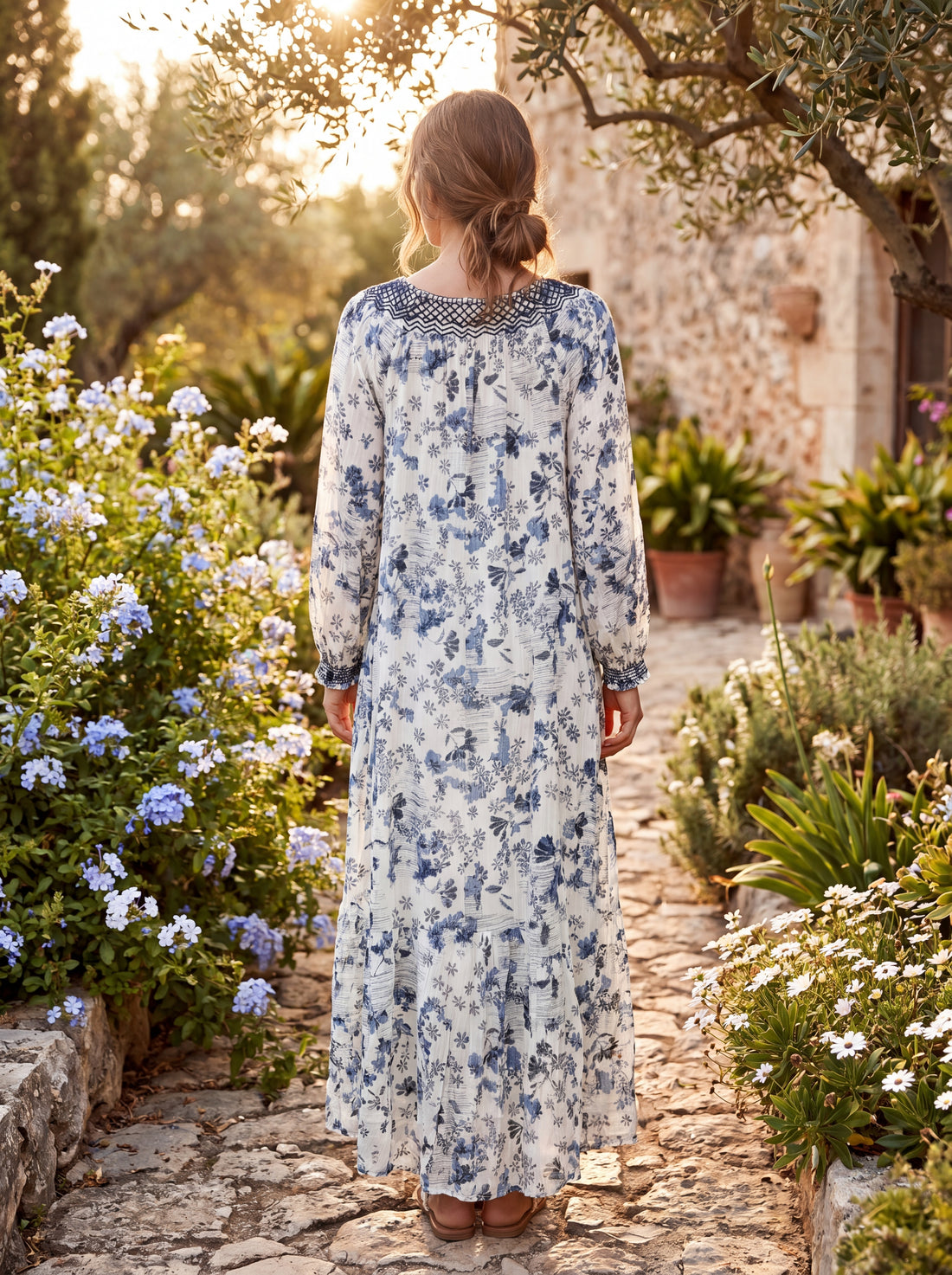 August Blue & White Floral Boho Maxi Dress for Women | Long Sleeve Resort & Vacation Dress