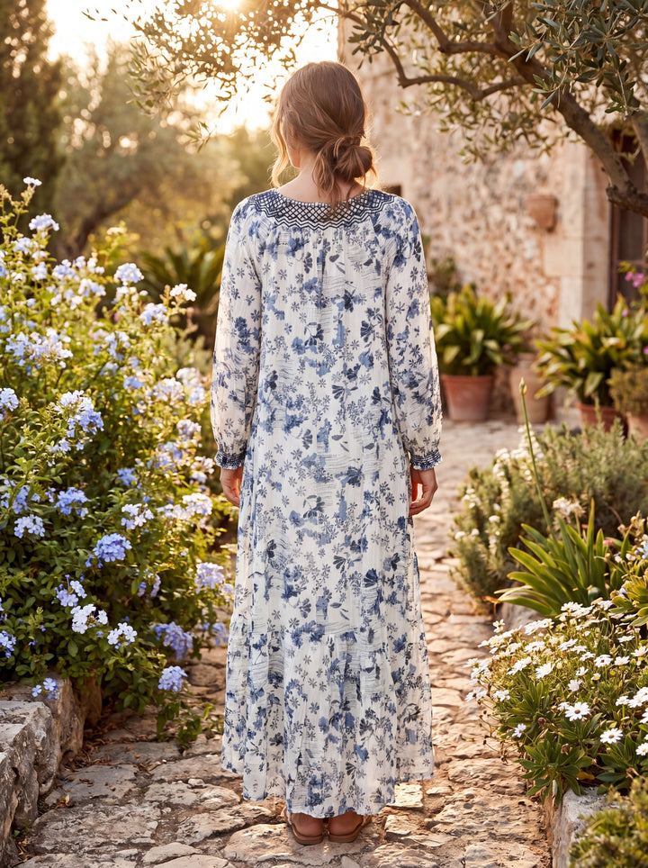 August Blue & White Floral Boho Maxi Dress for Women | Long Sleeve Resort & Vacation Dress