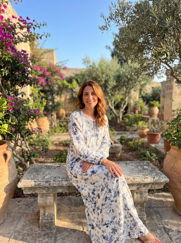 August Blue & White Floral Boho Maxi Dress for Women | Long Sleeve Resort & Vacation Dress