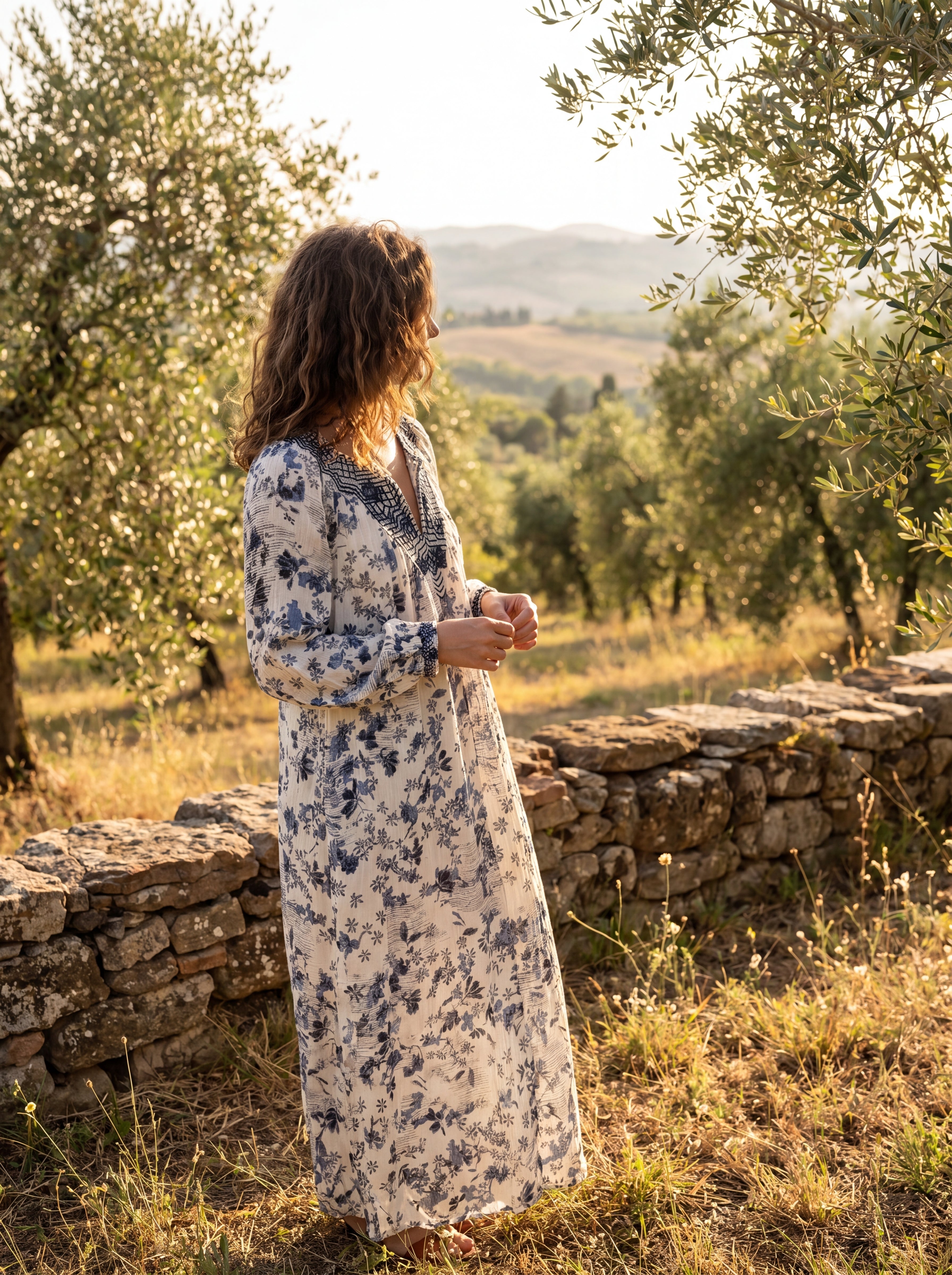 August Blue & White Floral Boho Maxi Dress for Women | Long Sleeve Resort & Vacation Dress