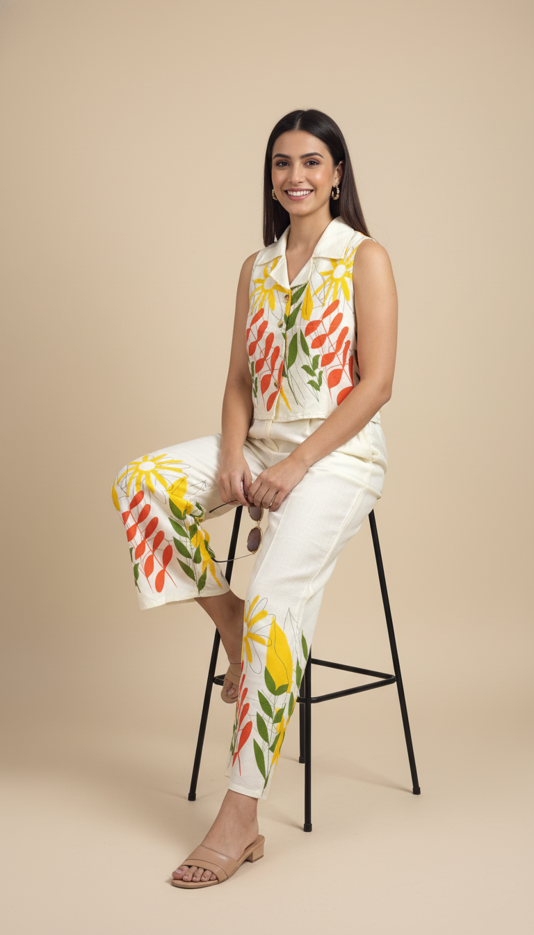 August Floral Garden Hand-Painted Sleeveless Co-Ord Set