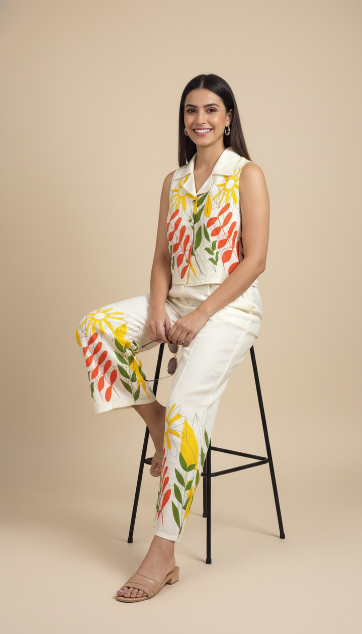 August Floral Garden Hand-Painted Sleeveless Co-Ord Set