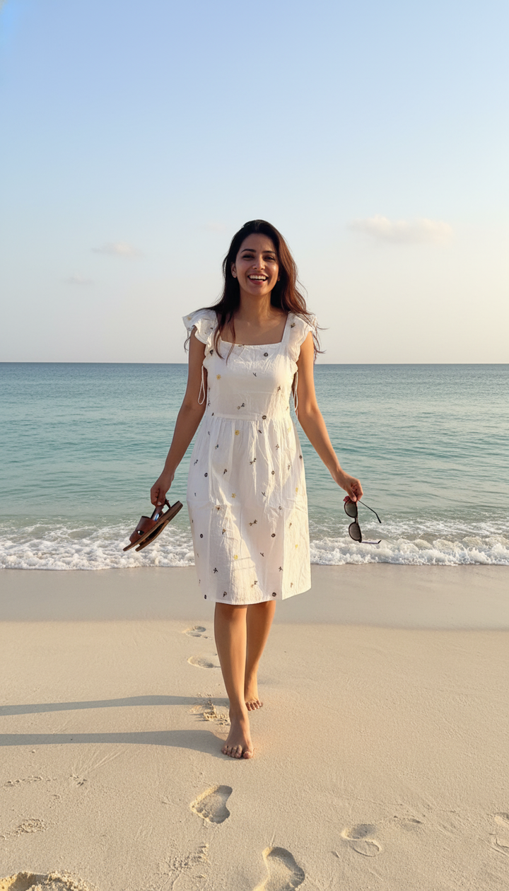 August Ivory Hand-Embroidered Cotton Midi Dress with Ruffle Straps