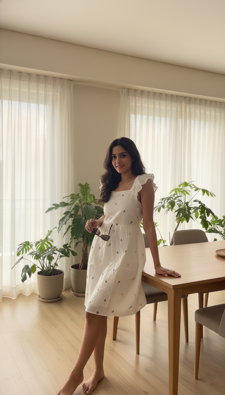 August Ivory Hand-Embroidered Cotton Midi Dress with Ruffle Straps