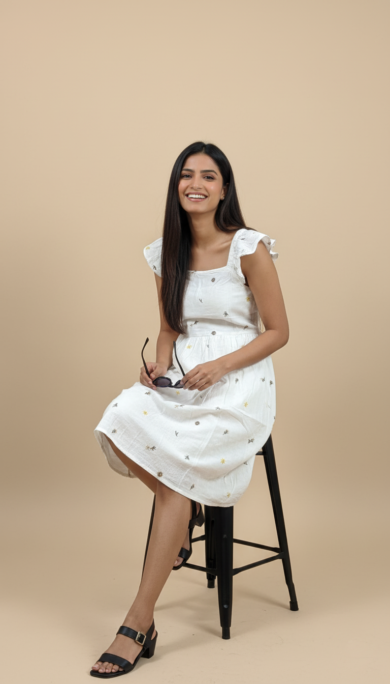 August Ivory Hand-Embroidered Cotton Midi Dress with Ruffle Straps