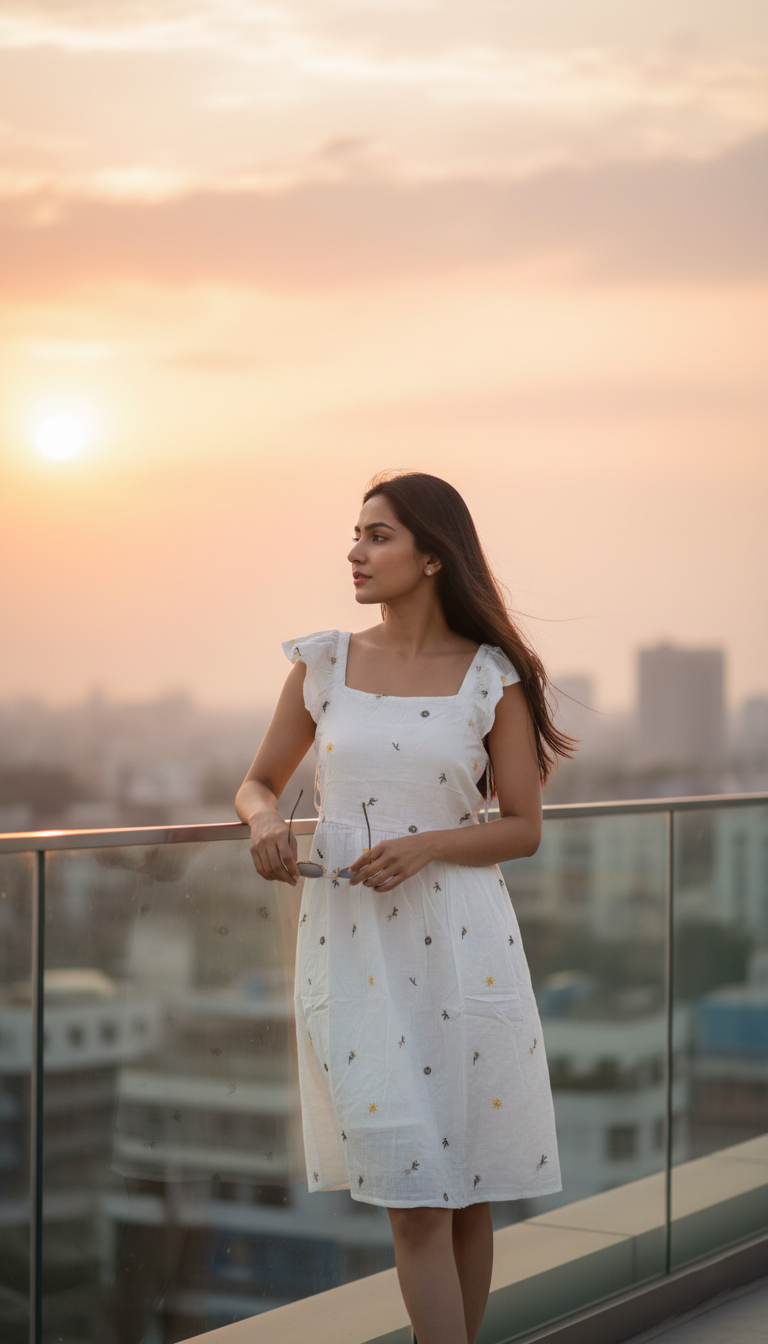 August Ivory Hand-Embroidered Cotton Midi Dress with Ruffle Straps