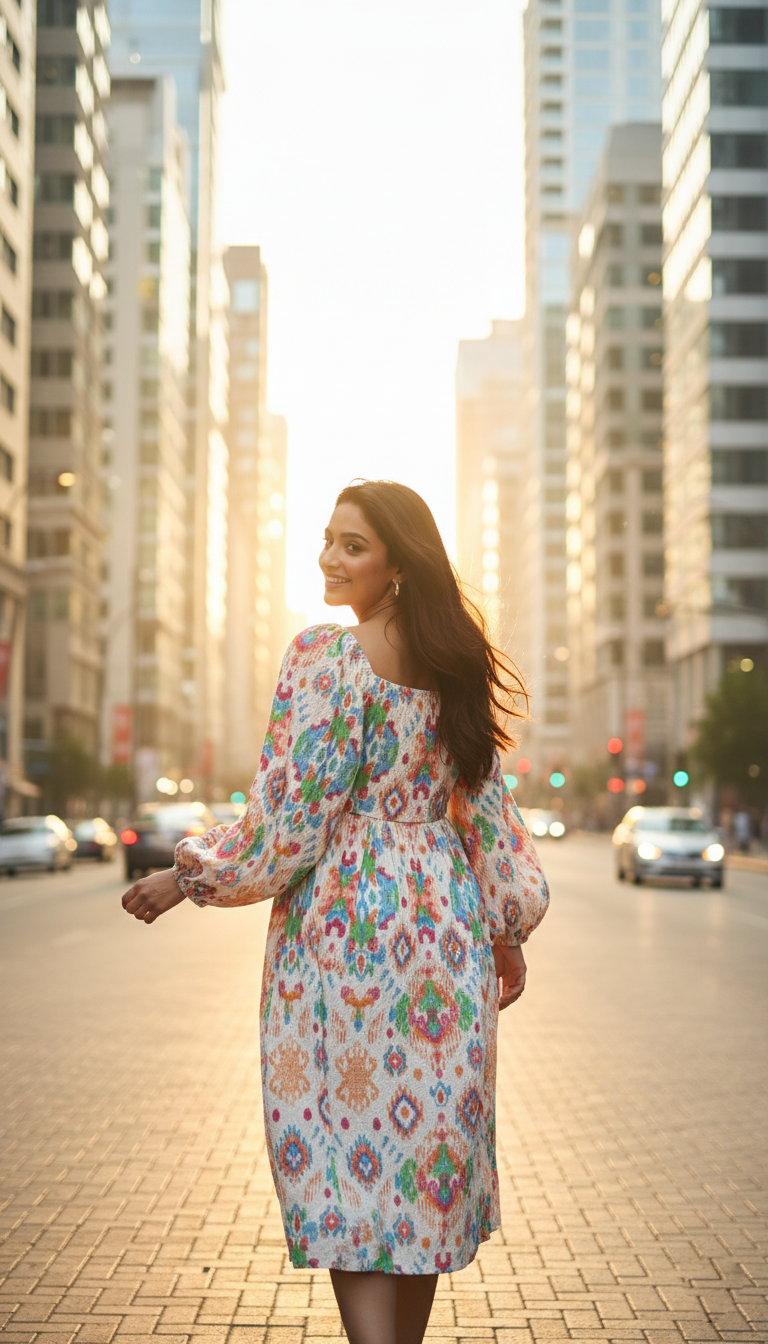 August Multicolor Ikat Print Smocked Midi Dress
