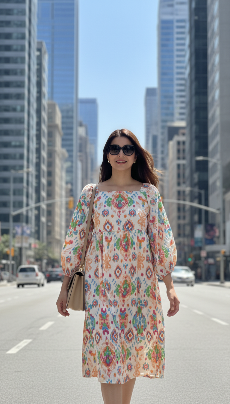 August Multicolor Ikat Print Smocked Midi Dress