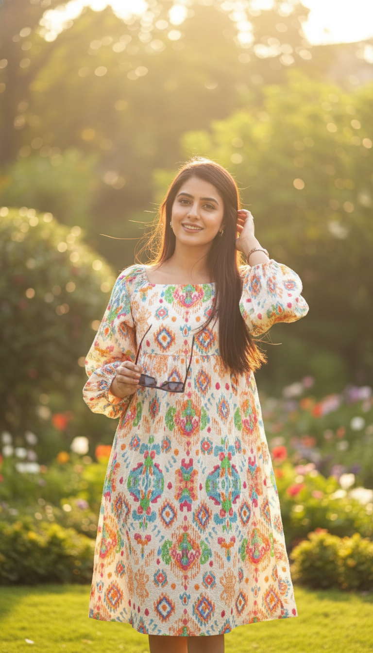 August Multicolor Ikat Print Smocked Midi Dress
