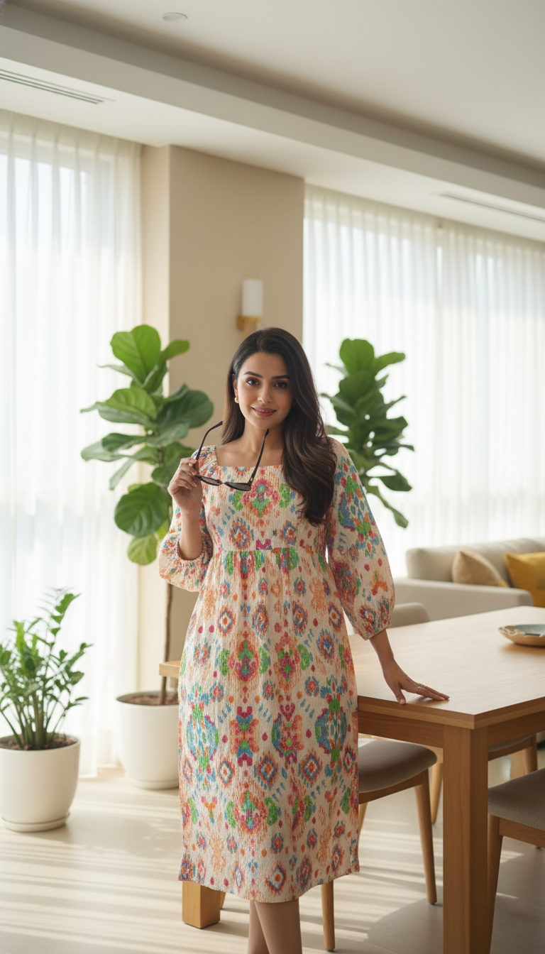 August Multicolor Ikat Print Smocked Midi Dress